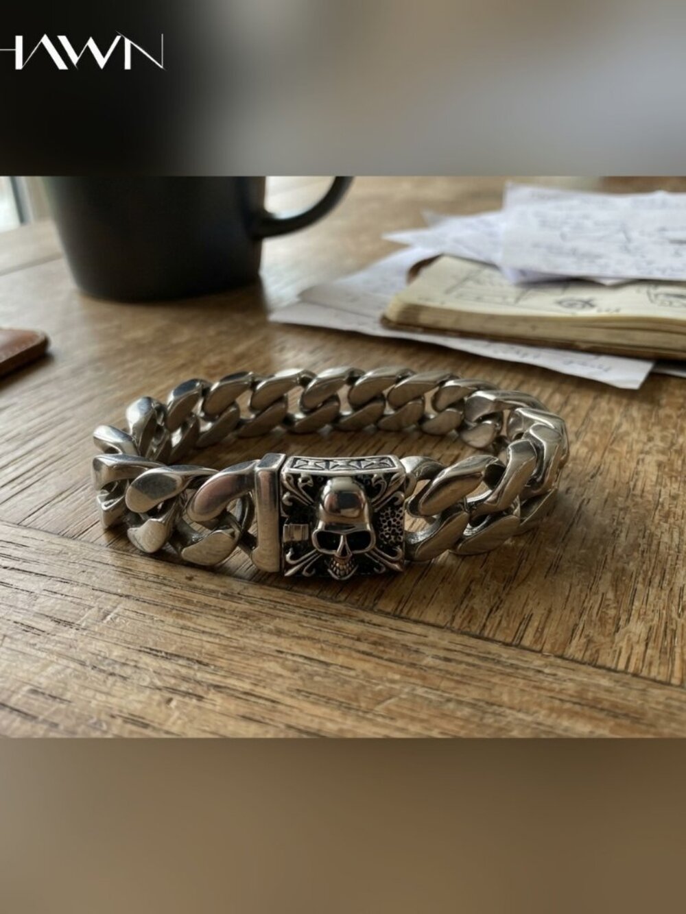 Mens Skull Clasp Heavy Curb Chain Bracelet